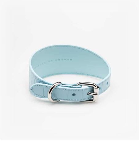 Dog Collar - Leather - Wide - Baby Blue Crocco